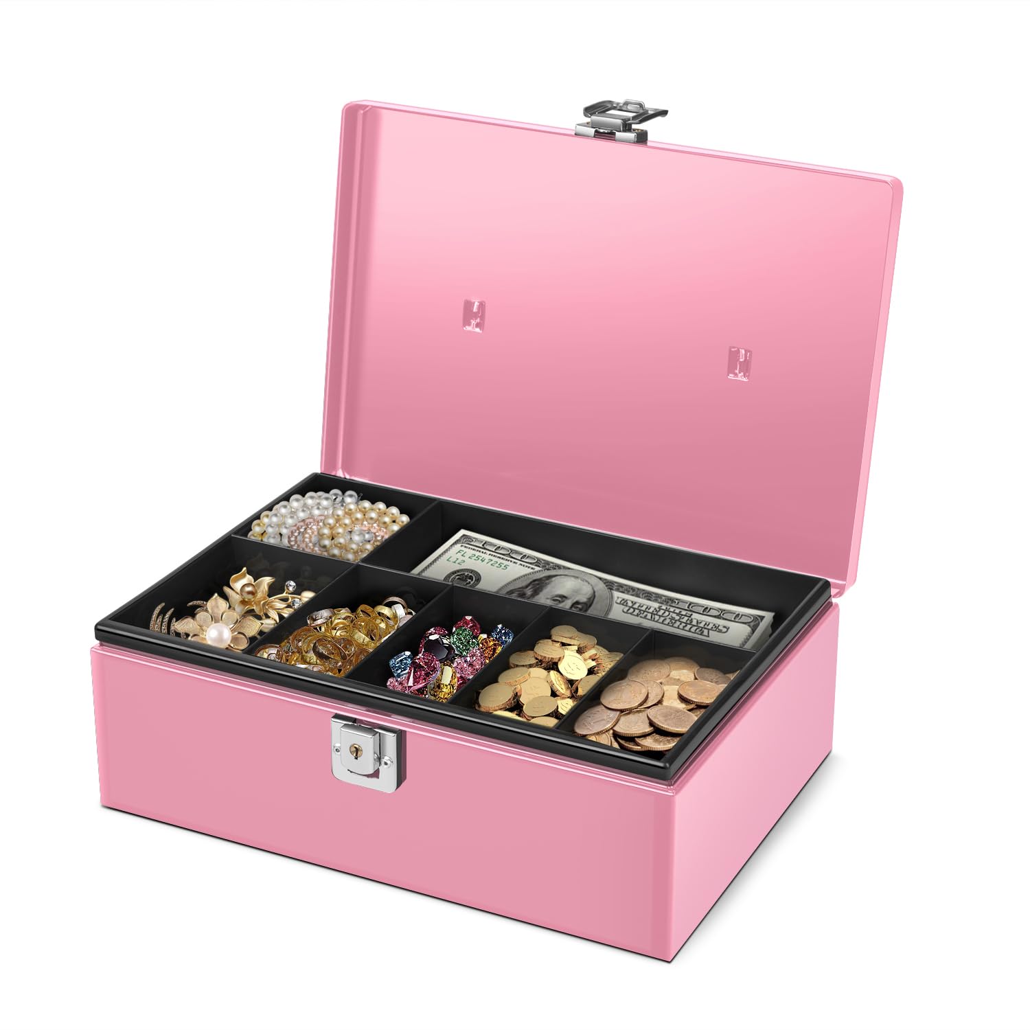 Flexzion Cash Box with Money Tray and Lock - Metal Money Box for Cash Storage with Secure Latch Lock & Key - Pink Petty Cash Box with 7 Compartment Money Tray for Small Businesses, 11x7.7x3.5 Inches
