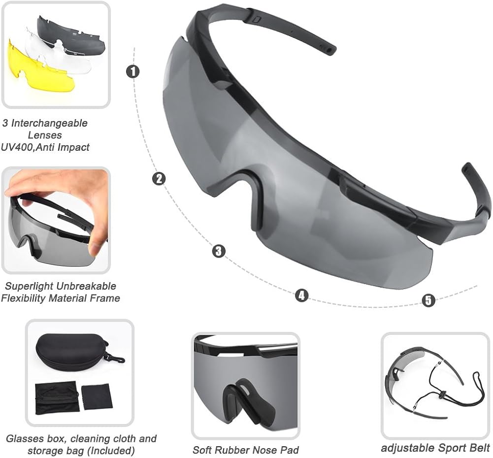 XAegis Tactical Eyewear 3 Interchangeable Lenses Outdoor Unisex Shooting Glasses: Clothing