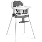 Dream On Me Curio Sit N Seek 3 in 1 Convertible Baby High Chair in Solid Grey, Removable and Adjustable Tray, Portable High Chair, Adjustable Legs, Detachable Footrest &amp; 5 Point Safety Harness