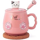 Bgbg Cute Cat Mug, Novelty Ceramic Coffee Tea Milk Cup with Lovely Kitty Lid, Kawaii Claw Spoon, Anime Coaster, Novelty Things Birthday Christmas Gift for Cat Lovers Women Her, 14 oz, Pink