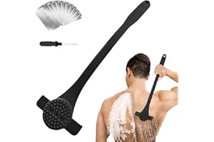 ETBYTO Body Back Shaver for Men,The DIY Mens Back Shaver with Long Silicone Handle,15 of The Wet or Dry Disposable Razor Blades,Bath Brush Included（Black）