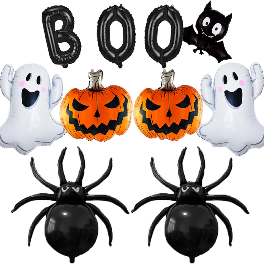 Photo 1 of 10Pcs Halloween Balloons Set - Boo White Ghost, Black Spider, Orange Pumpkin Black Bat Large Foil Balloons for Halloween Party Decorations