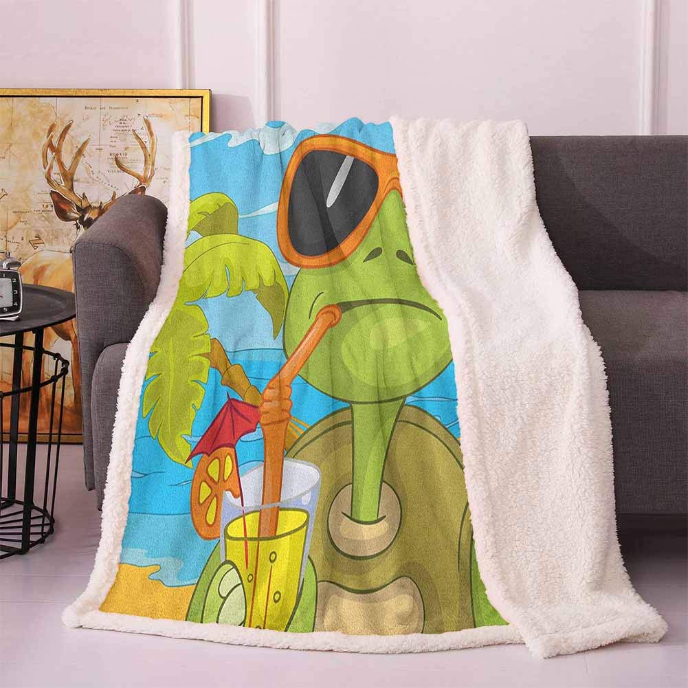 Turtle Twin Blanket Cool Sea Turtle with Sunglasses Drinking Cocktail at The Beach Cartoon Soft Blankets Green Orange Pale Blue 50"x60"
