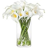 rubystory 20PCS Calla Lily Artificial Flowers in Vase with Fake Water, Faux Floral Arrangements in Vase for Home Decor Wedding Table (White)