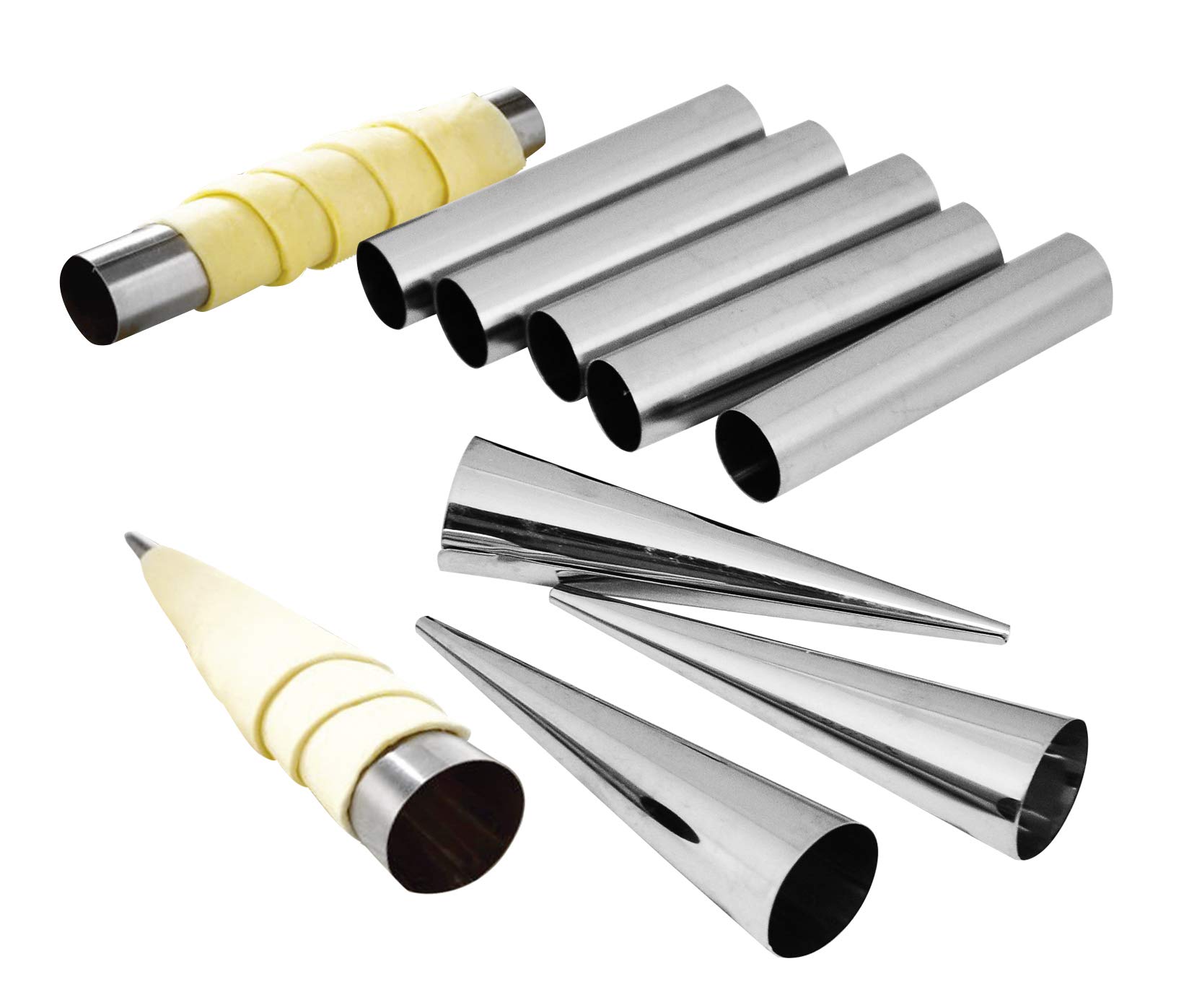 NewlineNY Stainless Steel 10 Pcs Fromage POURERS Tubes Set, 6 Circular + 4 Cone Cannoli Pastry Forms