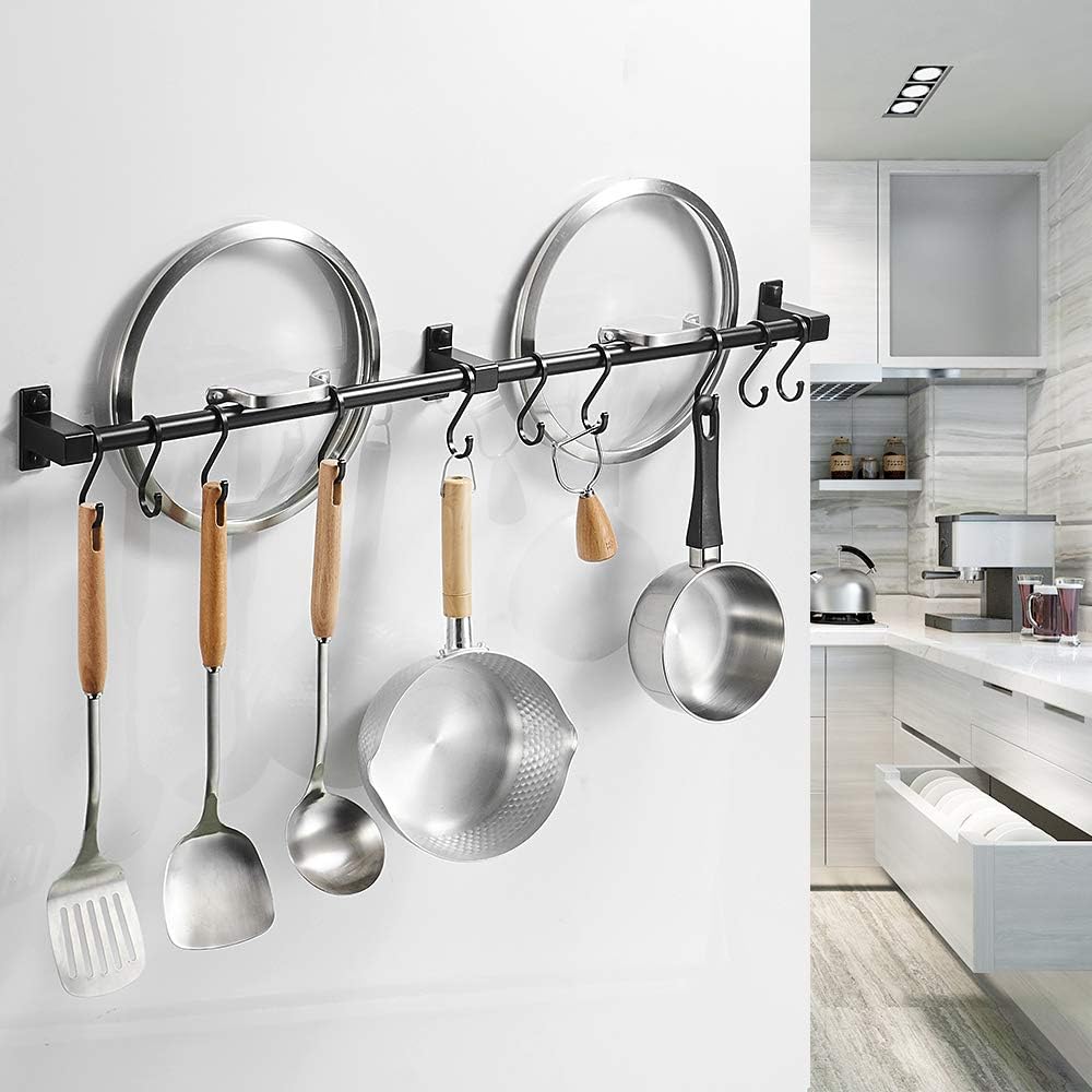 BESy 31.5 Inch Black Hanging Pot Rack Wall Mounted Lid Holder Detachable Rail Kitchen Utensils Pan Hanger with 10 Detachable S Hooks, Wall Mount With Screws: Kitchen & Dining