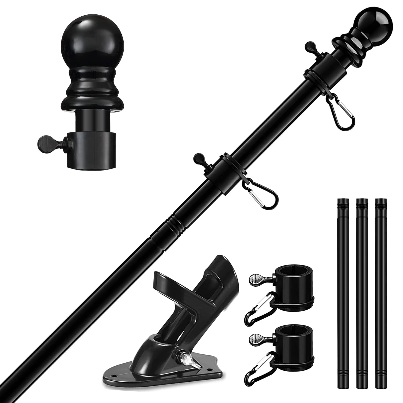 HORSE SECRET Black Aluminium Flagpole Silver with 150 cm Stainless Steel Flagpole Holder, Stainless Steel Flag Pole Kit with Bracket with Rotating Rings