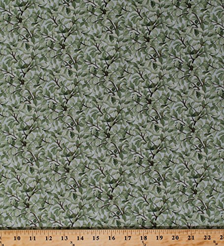 Elizabeth's Studio Cotton Green Leaf Leaves Trees Tree Branches Azure Beautiful Birds Cotton Fabric Print by The Yard (4311-azure)