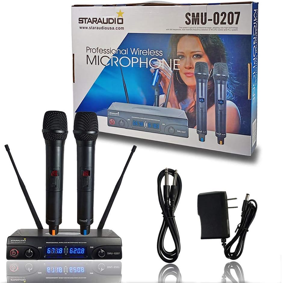 STARAUDIO 2Channel Wireless UHF Microphone System Set With 2CH Dynamic Handheld UHF Mics For Pro Audio,PA,DJ,KTV,Karaoke,Church,Clubs,For Sing Song,Wedding,Party,Home Party,Night Clubs,Speach SMU0207A