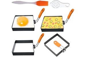 WOWITIS Large 4 Pcs 4 Inch Sqaure Egg Ring for Griddle Frying Egg,4" Non-stick Stainless Steel Square Egg Mold,Square Omelet Ring Pancake Mold Maker With Silicone Insulated Handle Oil Brush & Egg Separator