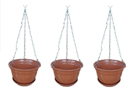 Minerva Naturals Hanging Planter with Metal Chain and Base Plate, 3 Pieces (Brown)