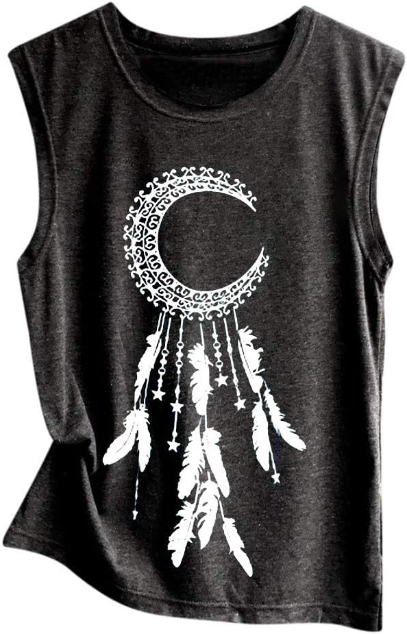Lazzboy Women's Moon Cycle/Cat/Fox/Feather Sleeveless Round Neck Vest Loose Top