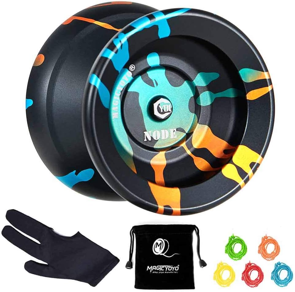 YOSTAR Professional Yoyo Unresponsive Yoyo MAGICYOYO Y01 NODE, Aluminum Metal Yoyo, 5 Yoyo Strings + Bag + Glove (Black Splash Orange & Blue)