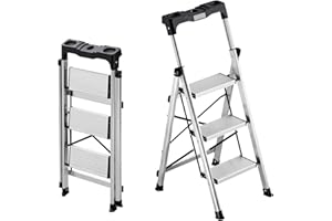 VEVOR 3 Step Ladder, Folding Step Stool with Wide Anti-Slip Pedal and Comfort Handgrip, 330 lbs Capacity Portable Aluminum St