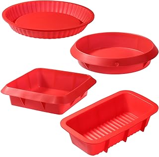 EKKONG Silikon Backform 4er Set, Silikon Kuchenform Kastenform, Obstbodenform, Rundform, Quadratische, Antihaft & Leicht zu Reinigen, Flexibel