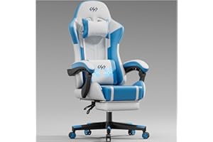HLDIRECT Gaming Chair, Video Game Chair, Gamer Computer Chair, Ergonomic Gaming Chairs for Adults with Headrest and Lumbar Support, Swivel PU Leather Office Chair, Whtie & Blue
