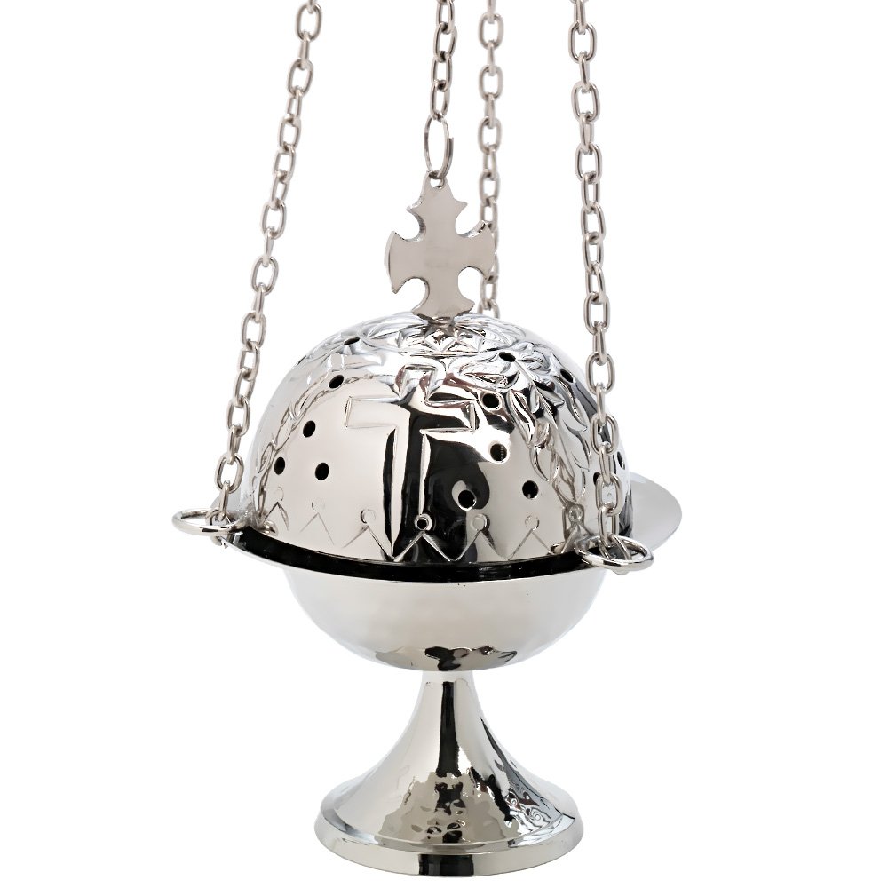 NKlaus censer w. cross chain 50cm inner bowl Byzantine hanging censer nickel plated 7614