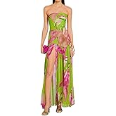 Willow Dance Women Tube Top Dress Printed Mesh Patchwork Maxi Dress Strapless Sexy High Slit Long Dresses Party Clubwear