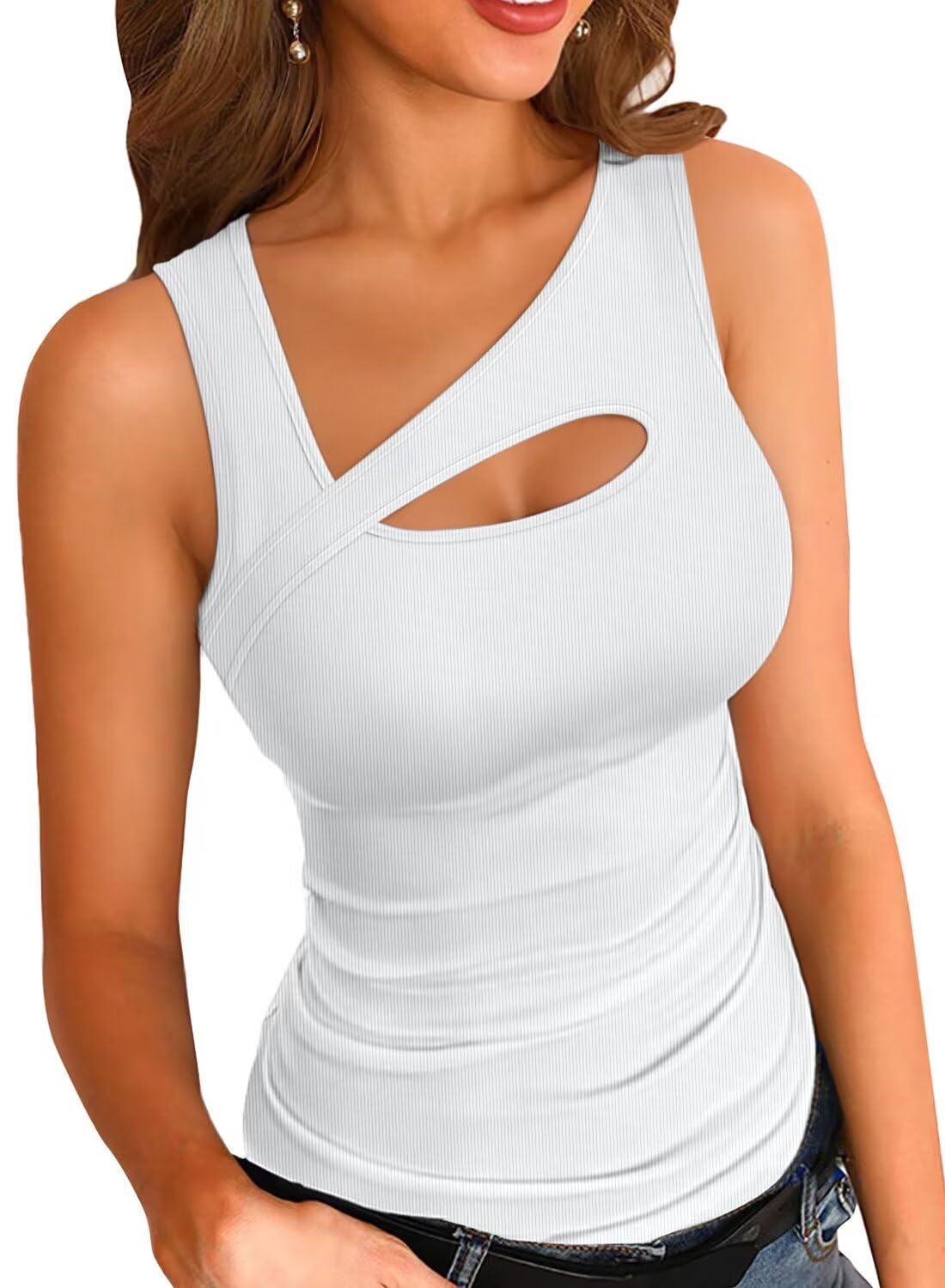 Photo 1 of **NEEDS TO BE CLEANED** VICHYIE Womens Summer Tank Tops Scoop Neck Sleeveless Y2K Cutout Shirts Ribbed Tanks Slim Fitted Casual Basic Tee Shirt White L