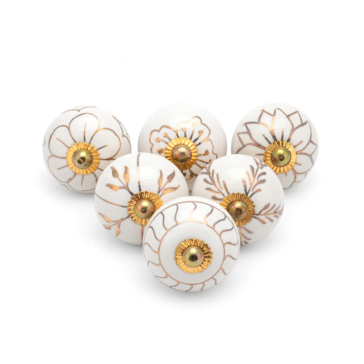 Rasiya Art Gold Ceramic Door Knobs - Indian Handmade Cabinet Pull Handle for Kitchen Cupboard Wardrobe Dressers Drawer Knobs with Brass Hardware - Set of 6 Pieces — image 1