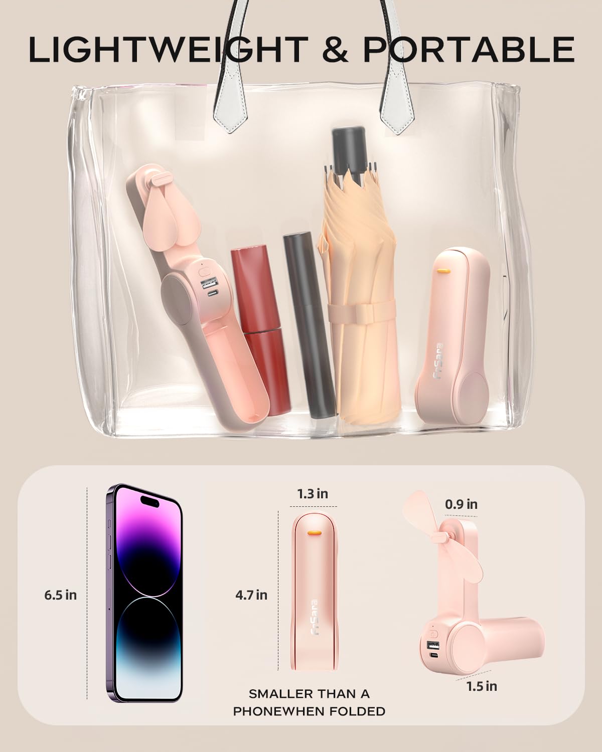 FrSara Portable Handheld Fan Rechargeable, USB Rechargeable Small Pocket Fan, 2000mAh Battery With Power Bank, Upgraded Long Battery Life, Three-Speed, Suitable for Women Outdoors and Travel