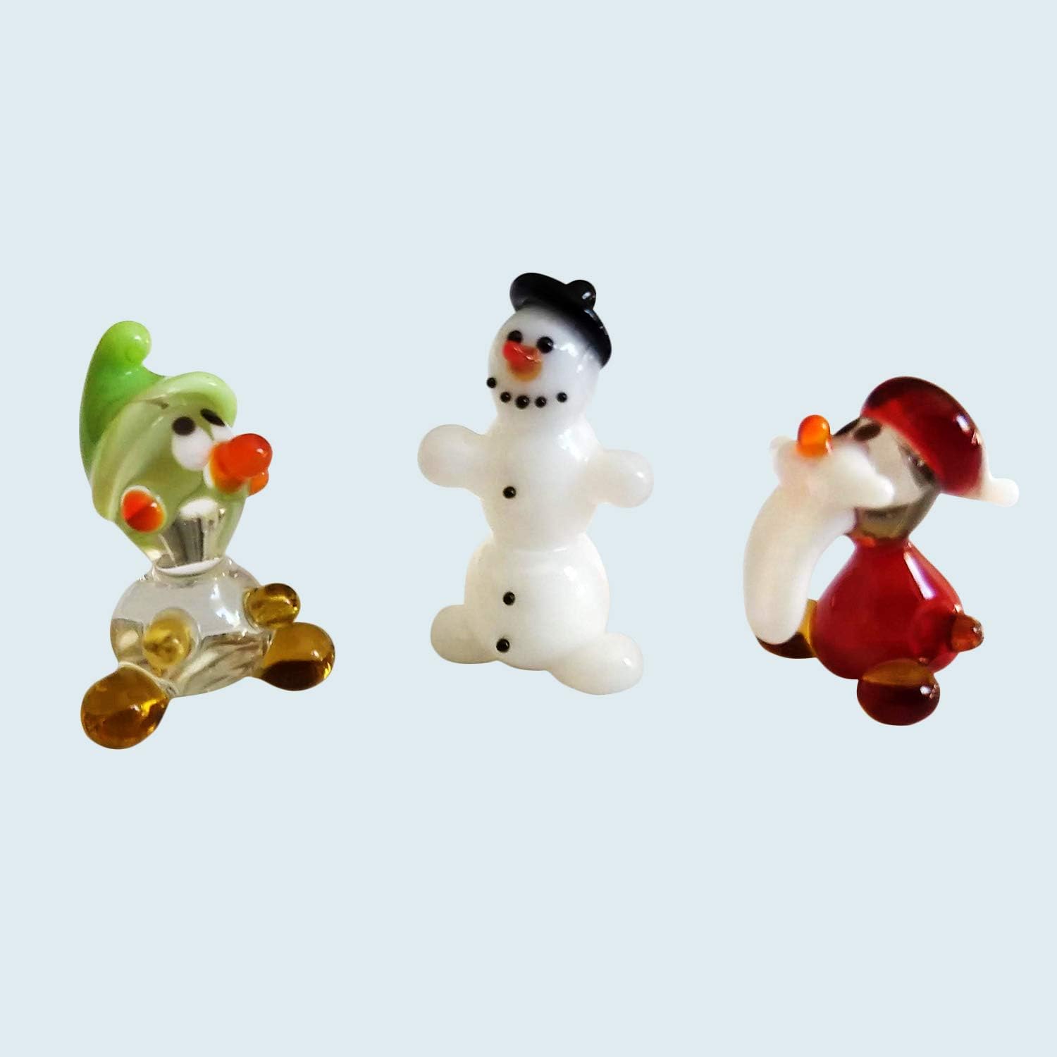 Set of 3 Tiny Glass Figurines - Gnomes and Snowman. Hand-Blown Art Collectible Tinies