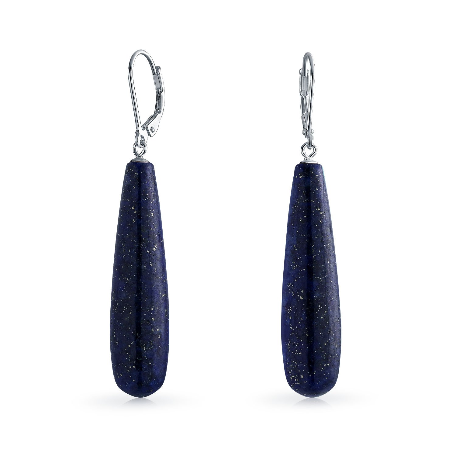 Simple Blue Lapis Lazuli Gemstone Elongated Teardrop Lever Back Dangle Earrings For Women .925 Sterling Silver