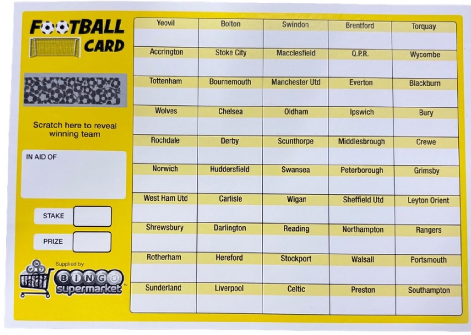 Bingosupermarket Football Fundraising Scratch Cards (50 Team) A5 Size 250 gsm Silk Card 10 Pack