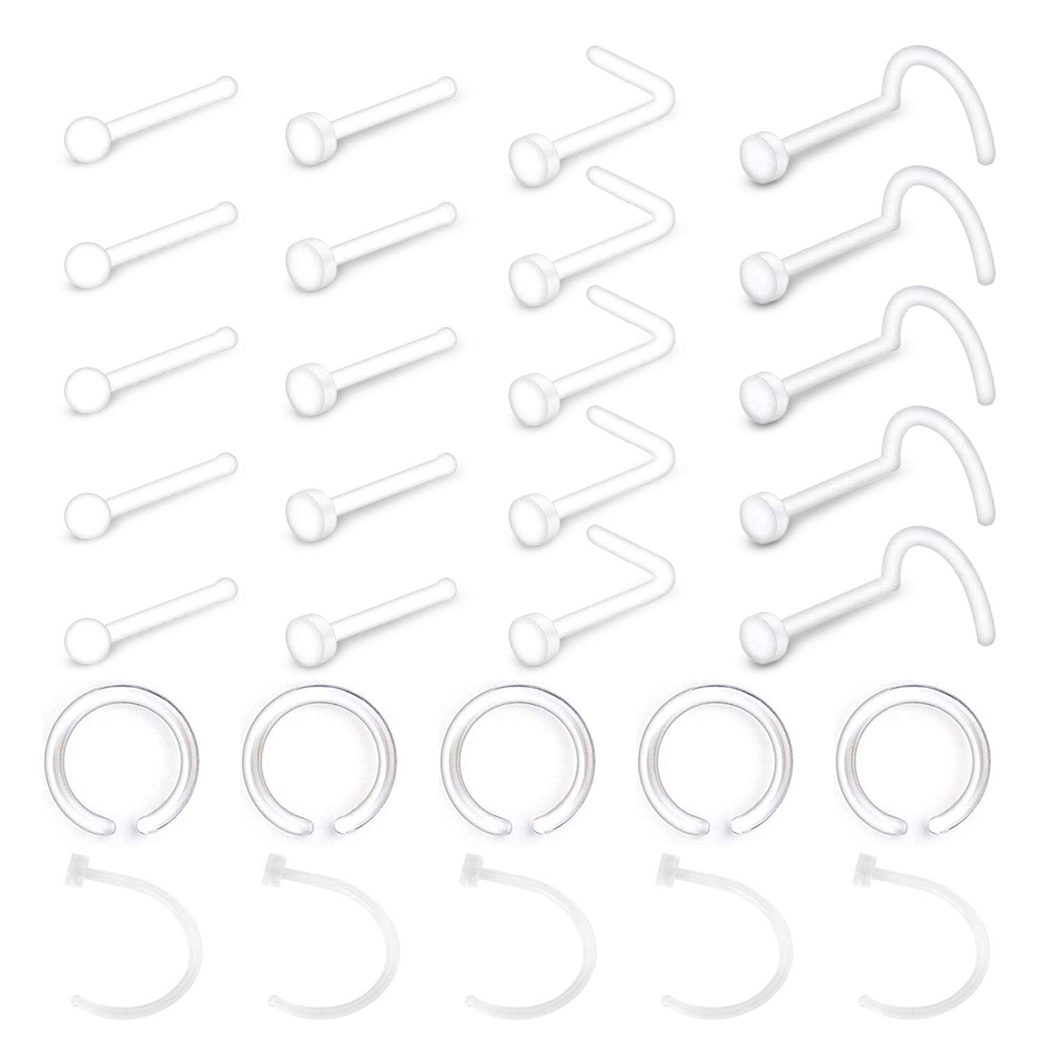 Mayhoop 30 Pcs 18G 20G Clear Nose Rings Studs Acrylic Bioflex Retainers L & C shaped Nose Rings Bone Pin Nose Screw Studs Nose Piercing Body Jewelry for Men Women