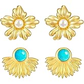 2 Pairs Womens Gold Chunky Earrings,14K Gold Plated Stud Earring Stainless Steel Large Flower Shell Butterfly Bow Earrings Statement Ear Rings