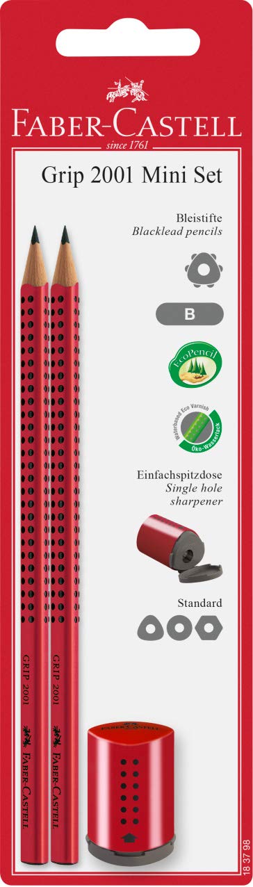 Faber-Castell 183798 Grip 2001 Pencil, Lead B, 2 Pencils & Mini Sharpener, Red and Blue, Random Colour