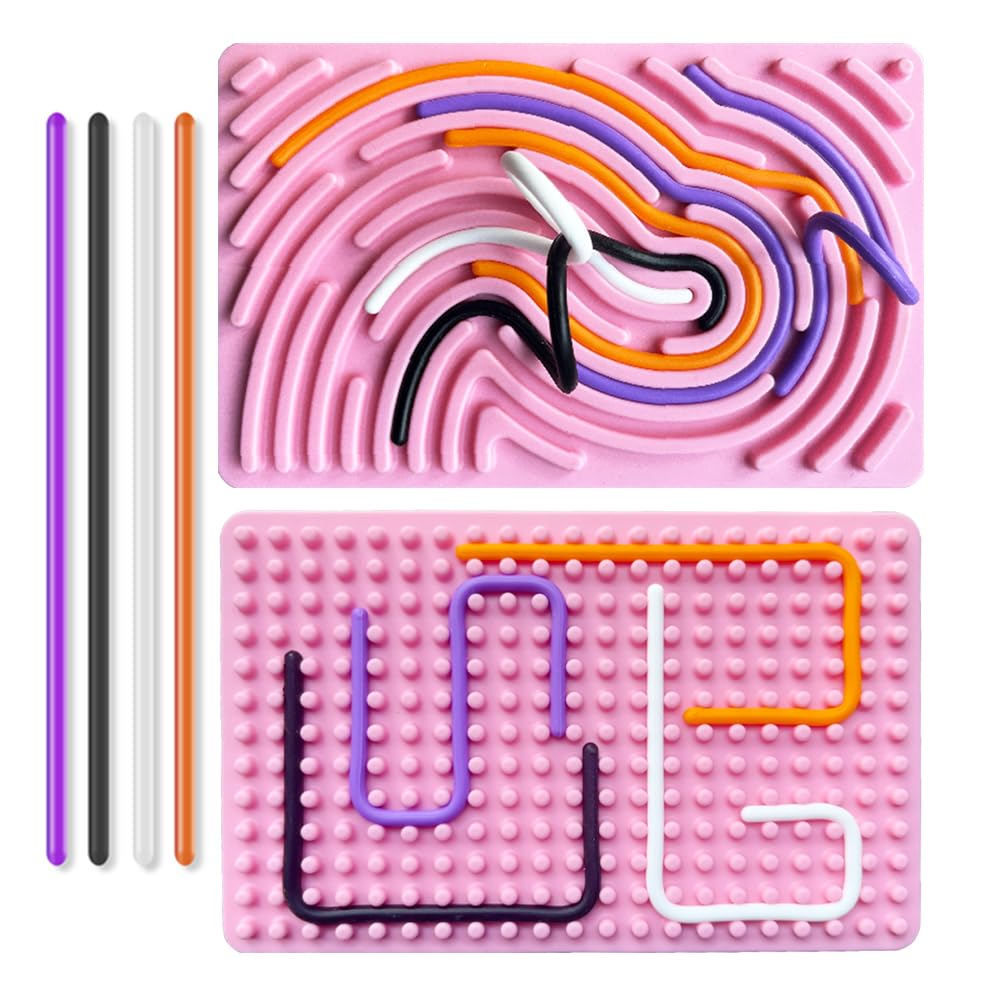 Albiuev Sensory Activity Board for Children, Silicone Fidget Toys for Calming, Stress, Anxiety, ADHD & Autism, Fine Motor Skill Board includes Portable Travel Bag & 20 Strings (Pink)