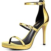 CELLENZ Women Strappy High Heels: Open Toe Heeled Sandals - Gold Heel Sexy Platform - Stiletto Prom Party Night Dancing Size 10
