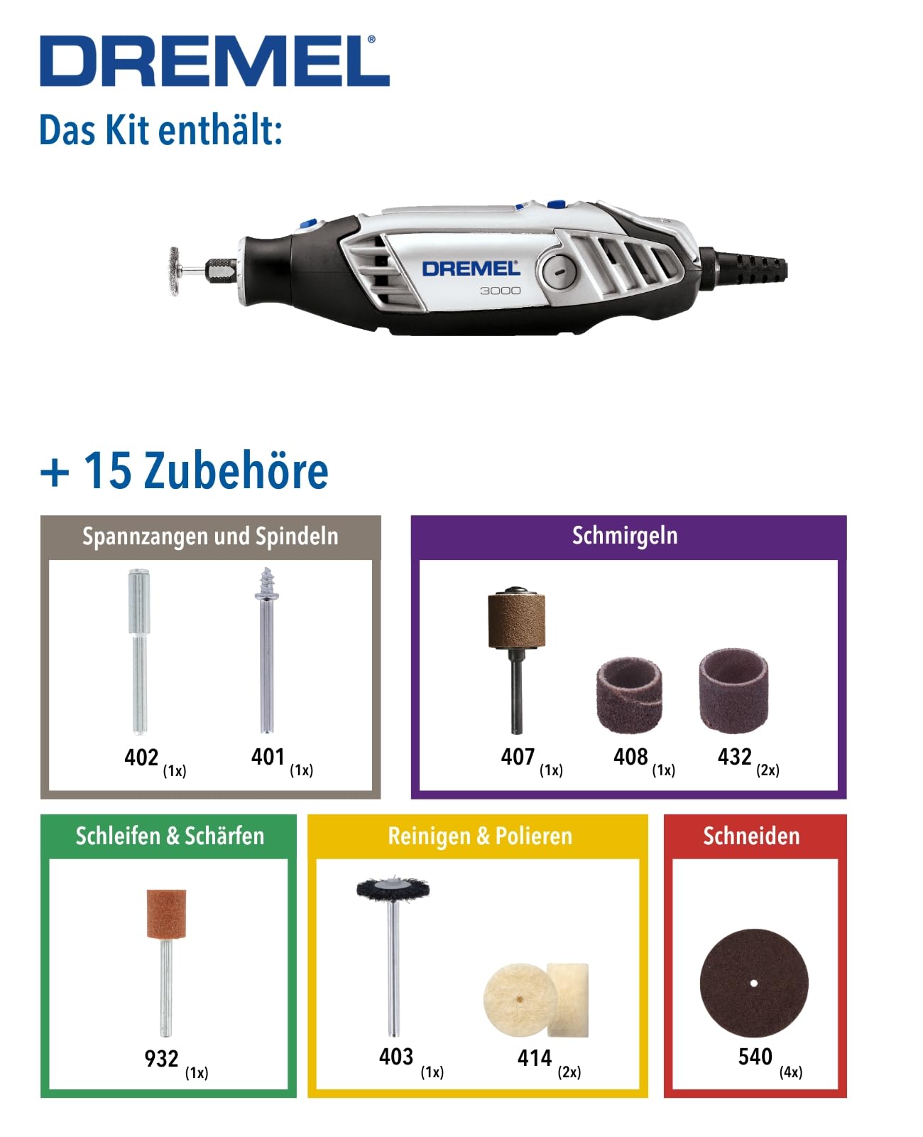 Dremel 3000 Multifunktionswerkzeug 130W, Set mit 15 Zubehörteilen, Variable Drehzahl 10.000-33.000 U/min zum Schneiden, Schleifen, Gravieren, Polieren, Schärfen, Reinigen, Schnitzen 2