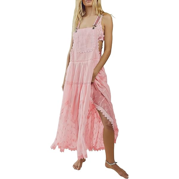 chinese dress ladies ebossy Women's Laced Embroidered Tulle Bib Dress Casual Loose Adjustable  Straps Maxi Dress (XS, Apricot) at Amazon Women's Clothing store