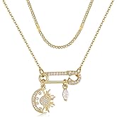 TANTIUE Paperclip Necklace for Women 14K Gold Plated Paperclip Pendant Necklaces Cubic Zirconia Sunflower/Cross/Sun/Moon/Water Drops Pendant with Layered Chain Jewelry Gifts for Her
