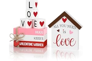Valentine's Day Wood Book Stack Blocks Heart Table Decorations Wooden Table Centerpieces Sign for Home Shelf Tiered Tray Offi