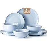 KINGSTONE 12-Piece Bone China Dinnerware Set for 4, Misty Blue | Lightweight Porcelain | Round Plates &amp; Bowls | Scratch Resistant | Durable Ceramic | Microwave &amp; Dishwasher Safe