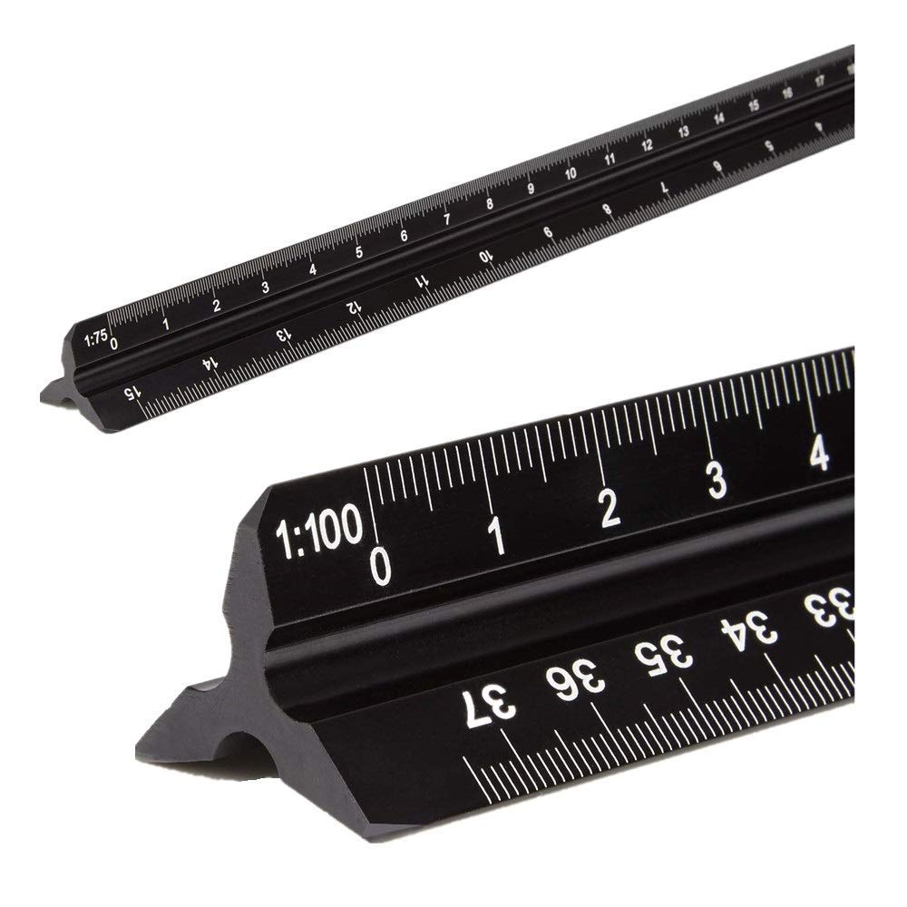 Architectural Scale Ruler, Aluminum Triangular Scale Ruler Metric 1:20, 1:25, 1:50, 1:75, 1:100, 1:125 Standard 12 Inch for Architects, Students, Draftsman and Engineers-Black