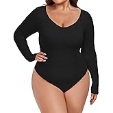 FOREYOND Plus Size Bodysuits for Women Long Sleeve V Neck Bodysuit Sexy One Piece Body Suit Tops