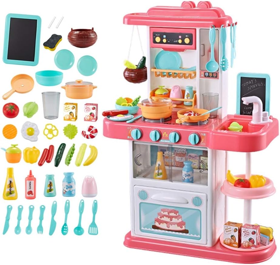 GNSDA 43PCS Ultimate Corner Play Kitchen, Pretend Play Set, with Lights and Sounds Smoke and Water Effect, Kitchen Accessories for Toddlers 28.3" H x 20.2" L x 9.25" W