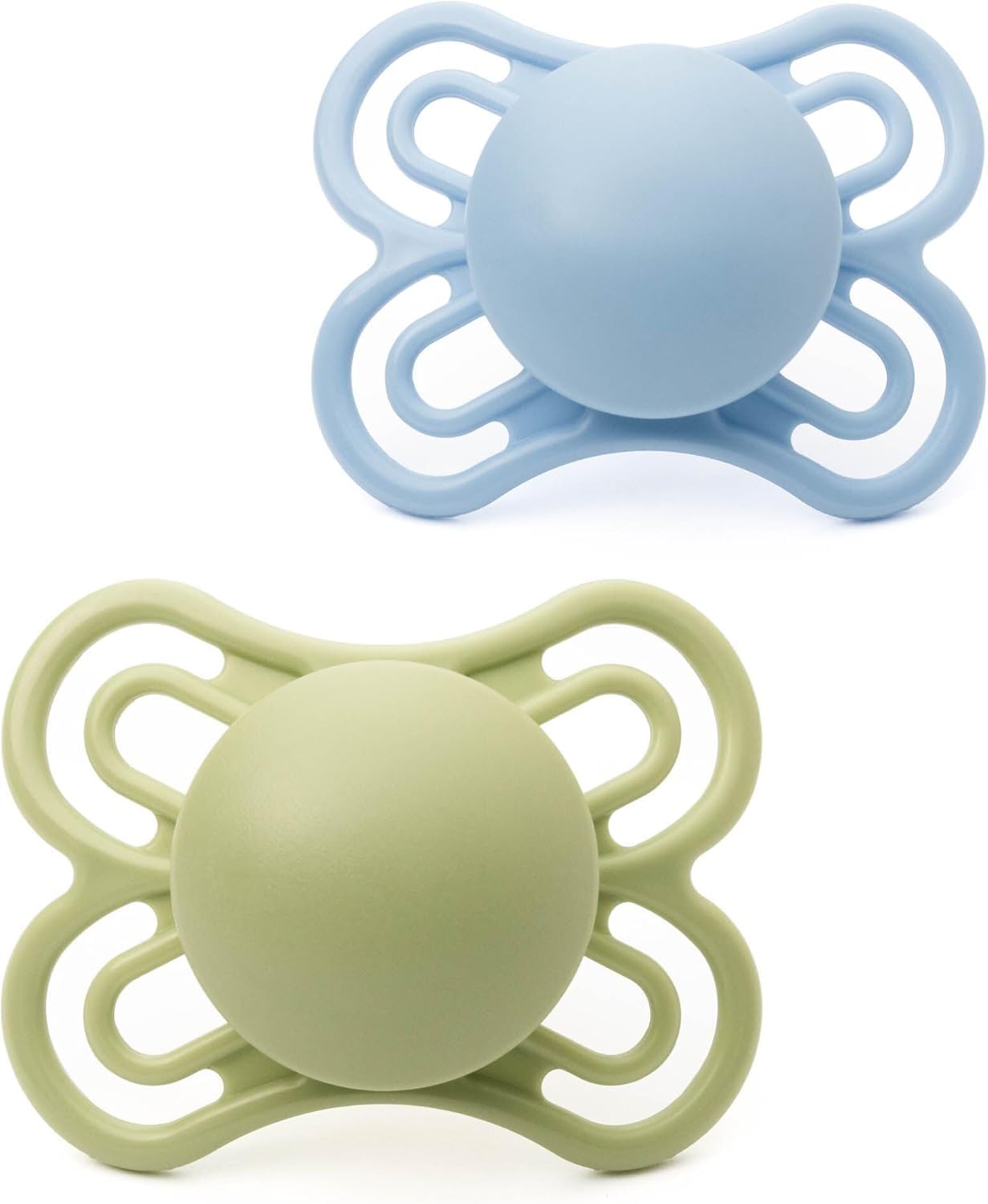 MAM Perfect Soothers | 0-6 Months | 2 Pack | Newborn Dummies | Comes in Dummy Steriliser Case | Sustainable Materials | Baby Accessories for Newborn | Blue/Green (Various Designs)