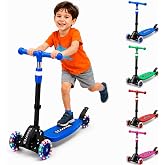 CALCHELE Kids Kick Scooter, Kick Scooter for Kids 2-7 Age, Light up 3 Wheels Kick Scooter, Heavy Duty Folding Lean-to-Steer Scooters with 3 Adjustable Handlebar for Boys Girls Blue