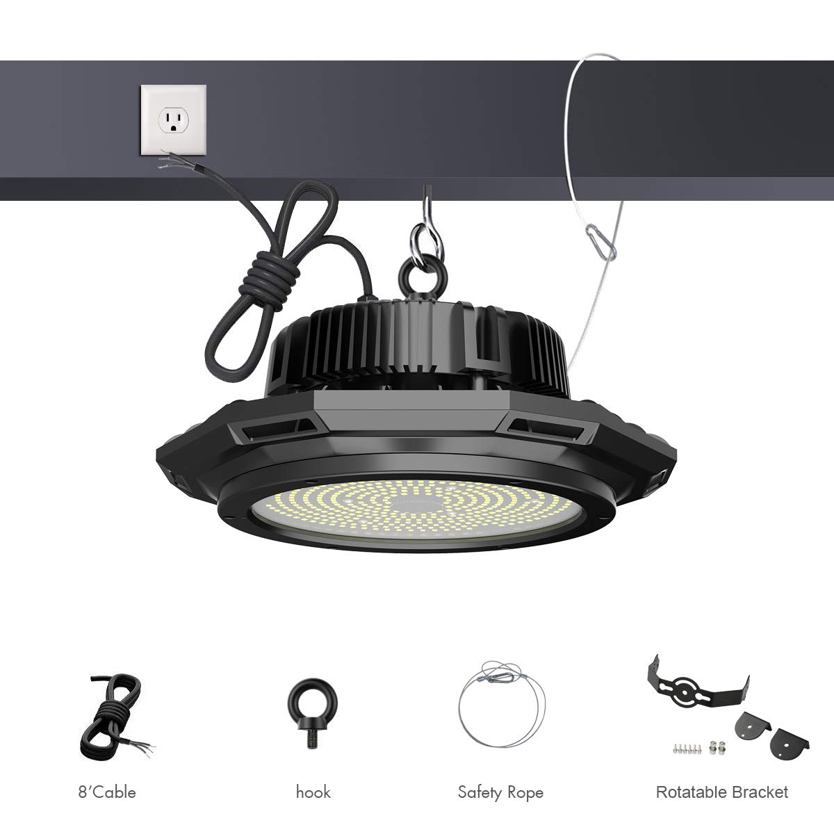 Abodong High Bay LED Light Fixture 150W 19500LM 5700K Outddor Lighting Alternative to 600W HPS/MH with 110-277V 2M AC Power Cord UL/DLC Approved IP 65 (150W with 2M PowerCord)
