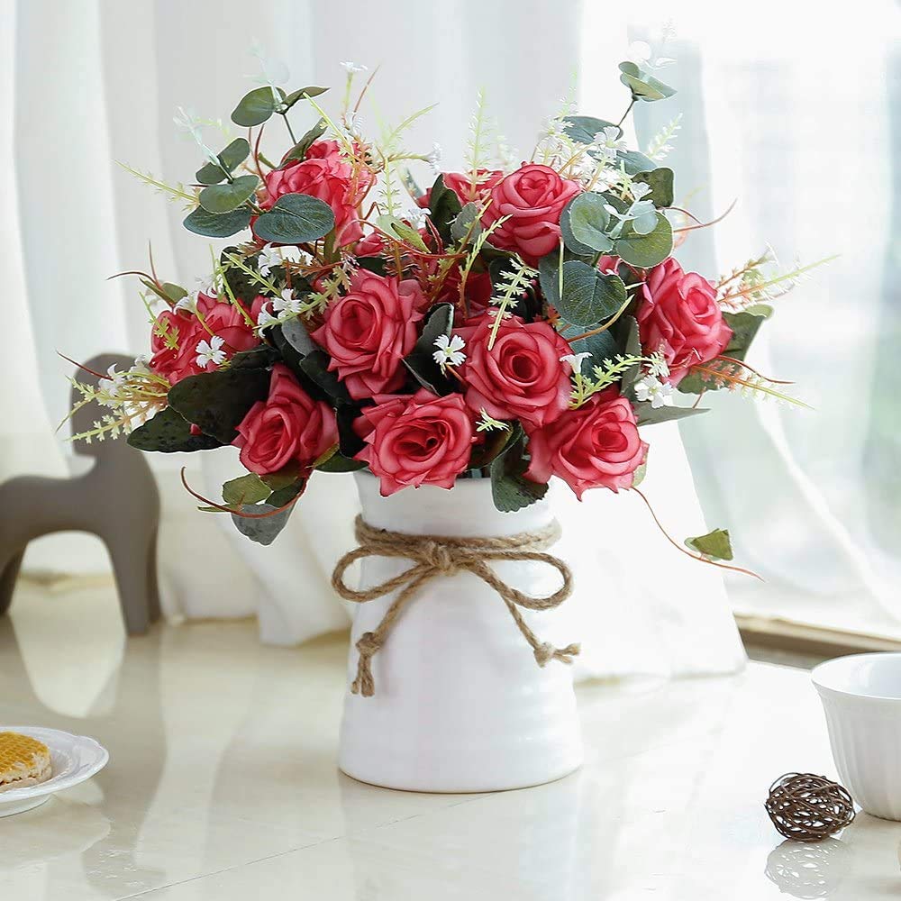 LESING Artificial Rose Flowers in Vase,Fake Silk Flower Bouquets with Ceramics Vase for Table Centerpieces Linning Roon Kitchen Decoration (Red)