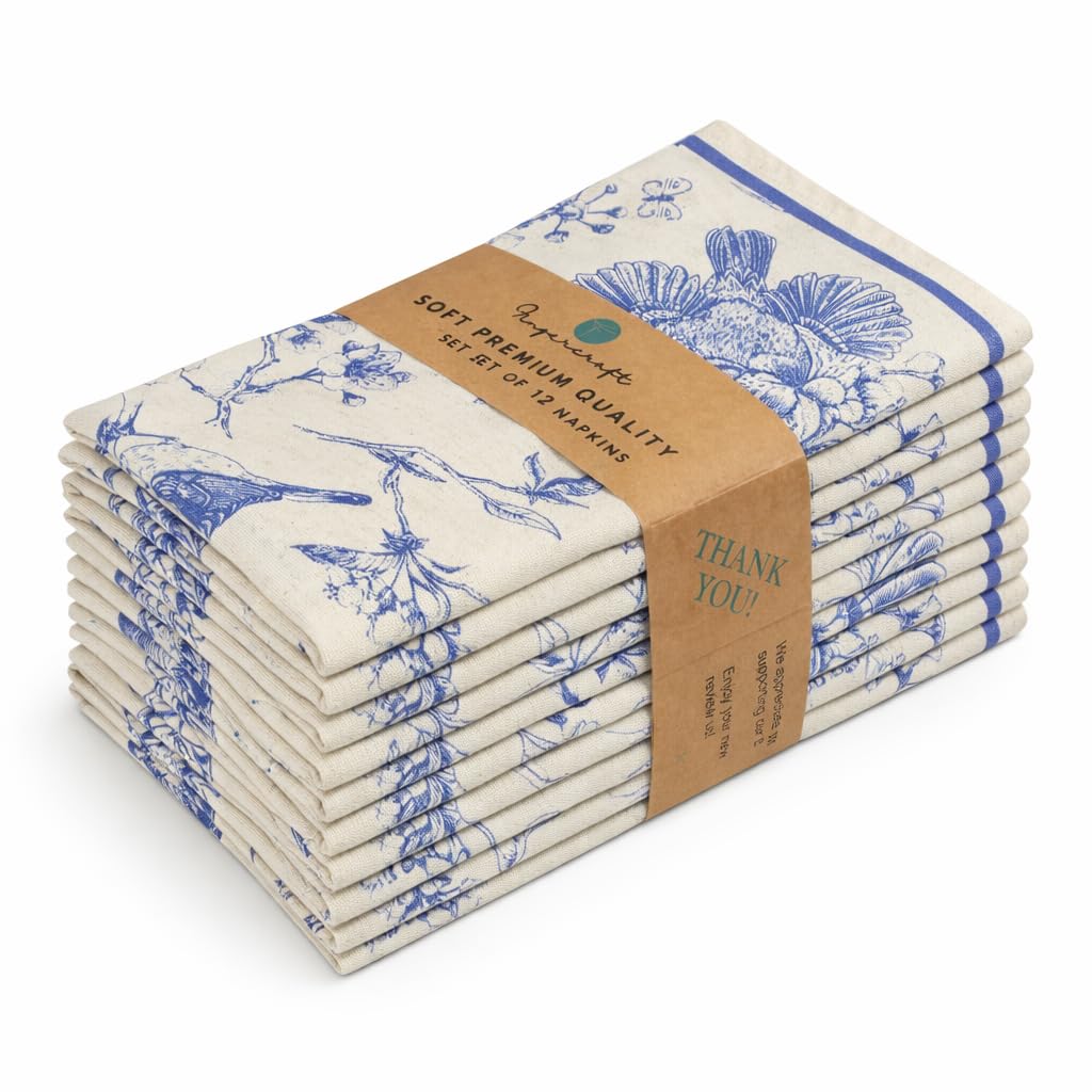 Fingercraft Cloth Napkins Set of 12 Cotton Linen Blend Printed Dinner Napkins Perfect for Parties Dinners Weddings Cocktail Christmas Napkins Cloth 20x20 Toile