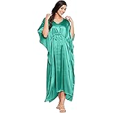 Oussum Women Plus Size Kaftan Dress Solid Satin Maxi Kimono Sleeves Night Gown Dresses Comfortable Lounge Wear for Ladies (Teal)