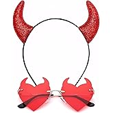Ricawa Devil Horns and Sunglasses Halloween Costume Set - Red Horns Headband, Glitter Ears Headpiece, Dress Cosplay Accessories