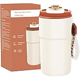 Missdong 14oz Stainless Steel Reusable Coffee Cup with Lid, Strap & Flip Lid - Portable Insulated Travel Coffee Mug, Spill Proof,Keeps Drinks Hot or Cold (White)