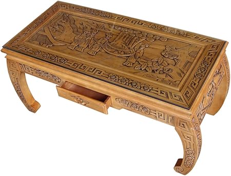 Chinese Furniture Handcarved Oriental Scroll Coffee Table With Glass Oak Finish Amazon Co Uk Kitchen Home
